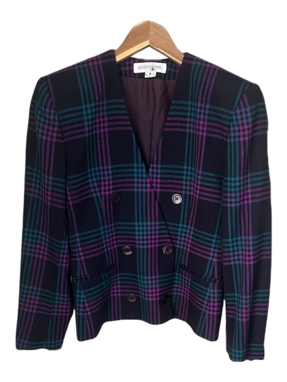 Vintage Jones New York Wool Plaid Blazer Double Breasted Sz 6 80s Dark Academia